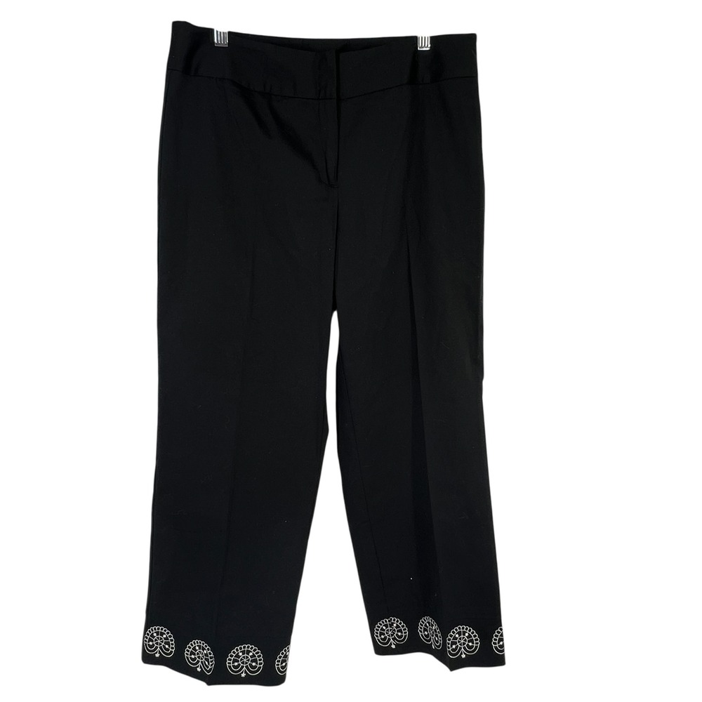 R.Q.T. Black Embroidered Hem Crop Pants Straight Leg Stretch Cotton Size 10